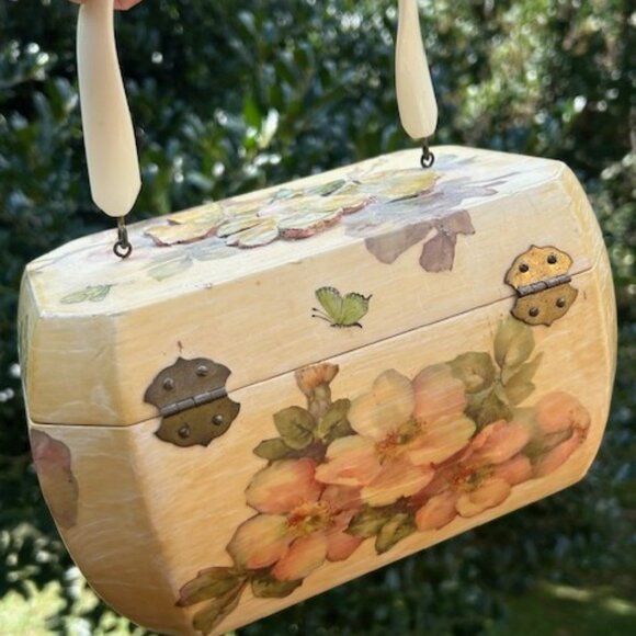 DECOUPAGE Octagon Handmade Flower Wood Lucite Handle PURSE - Picture 5 of 11